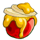 A cheese covered baked apple sprinkled with onion slices.