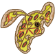 Pepperoni, olives and mushrooms on top of a pizza base shaped like a Blumaroos head.