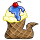 Vanilla ice cream scooped into a chocolate flavoured cone topped with blueberry syrup and a cherry.